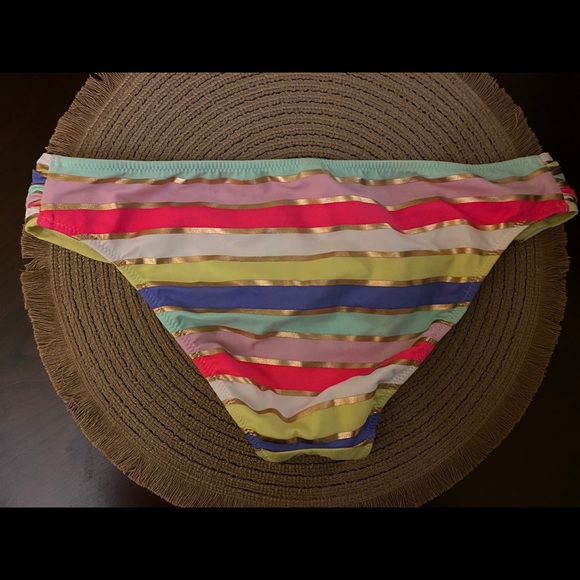 Victoria’s Secret gold& colors striped Swim Bottom ruched - Picture 1 of 6